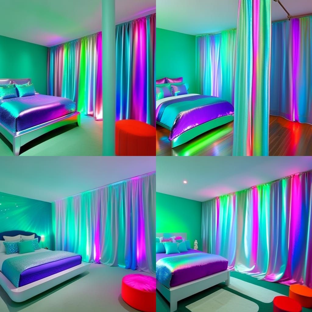 Iridescent Mermaid bedroom with iridescent blue walls with iridescent green accents& iridescent purple accents& sliver w...