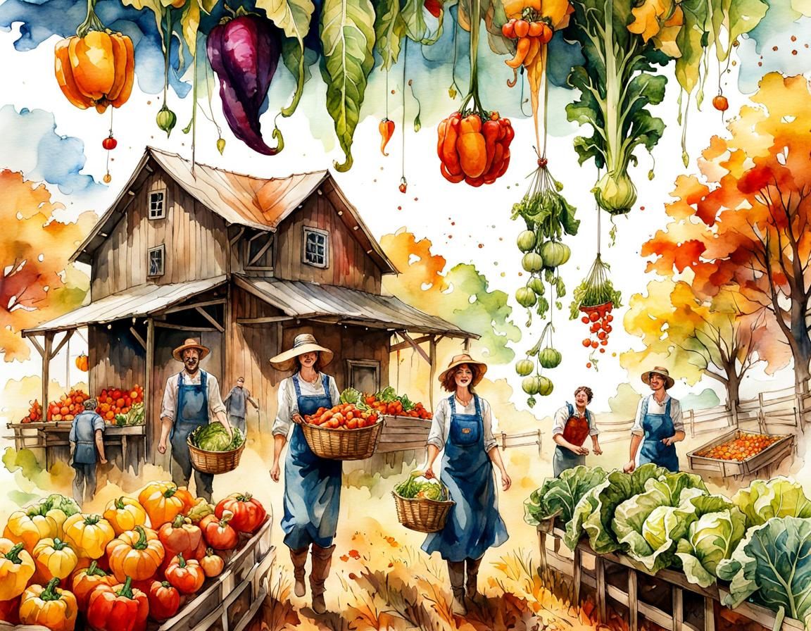 Whimsical Autumn Harvest Scene in Watercolor Style