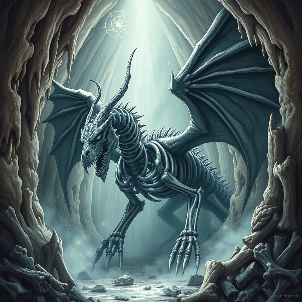 Dragon Skeleton in Ethereal Cavern - Dark Fantasy Art