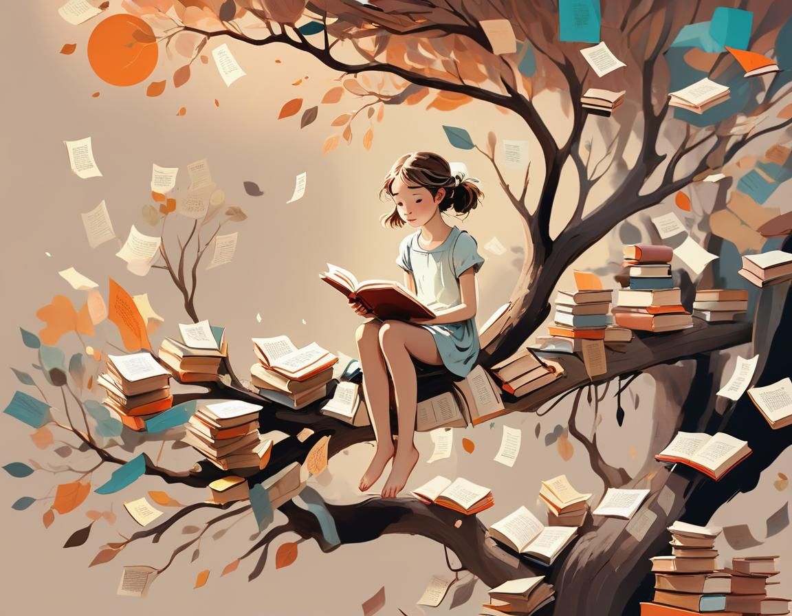 Dreamy Girl Reading: Whimsical Illustration