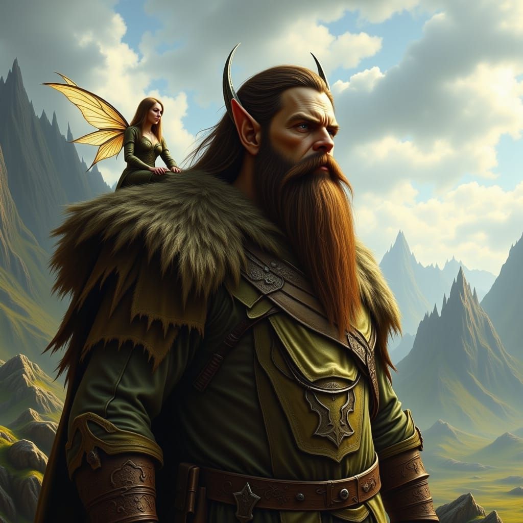 Surreal Fantasy Landscape of a Bearded Giant with a Fairy Co...