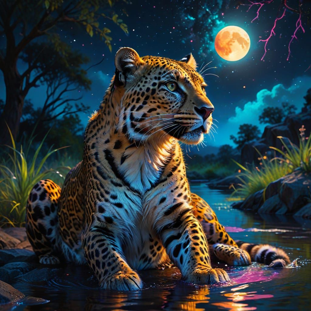 Majestic Neon Leopard Drinks at Luminous Waterhole
