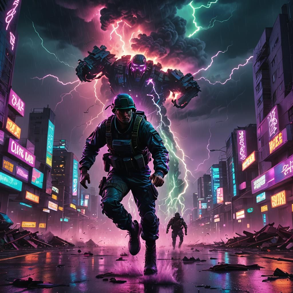 Synthwave Soldier Escapes Neon City Tornado