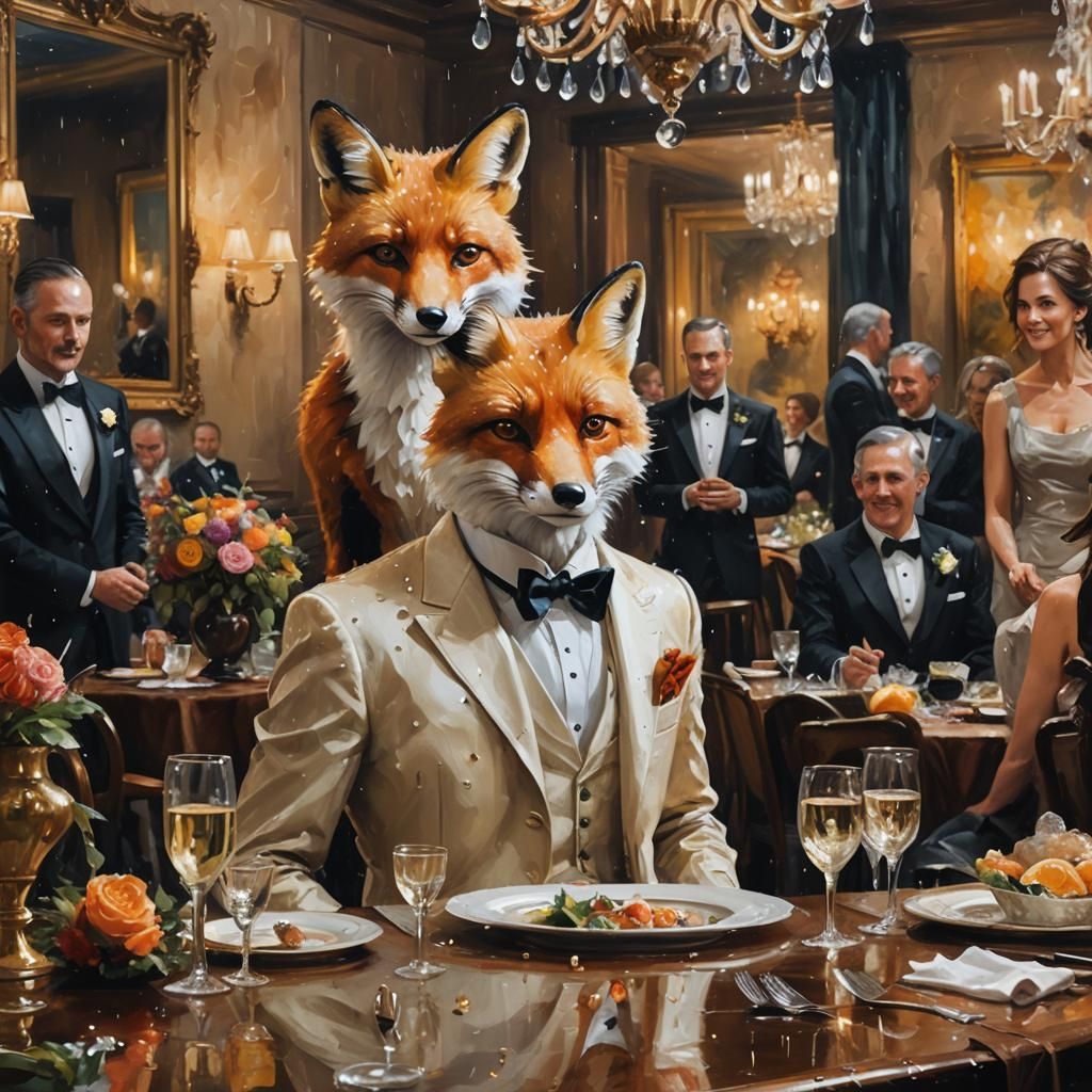 Debonair Fox at Rainy Dinner Party: Oil Painting
