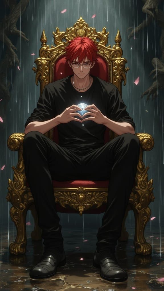 Red-Haired Man on Throne with Diamond, Anime Style