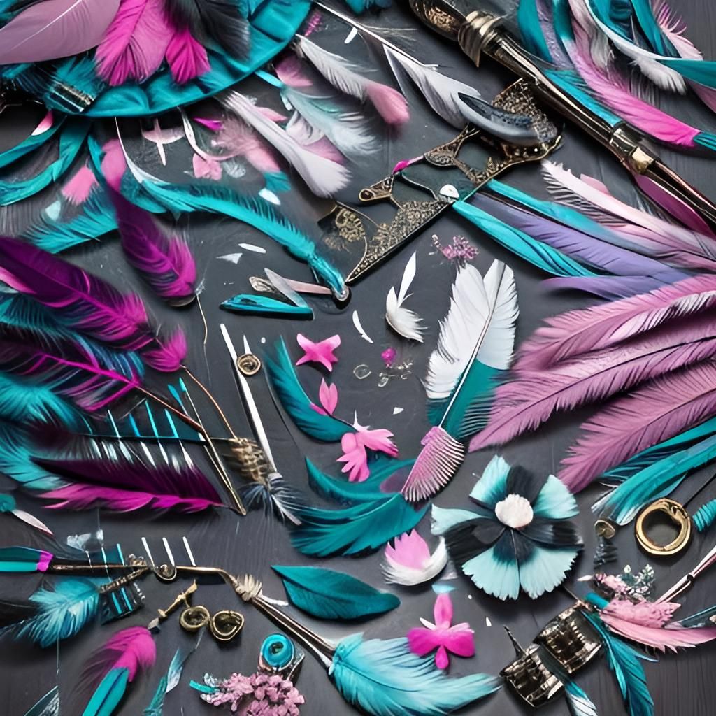 Knolling of Teal and Pink Feathers