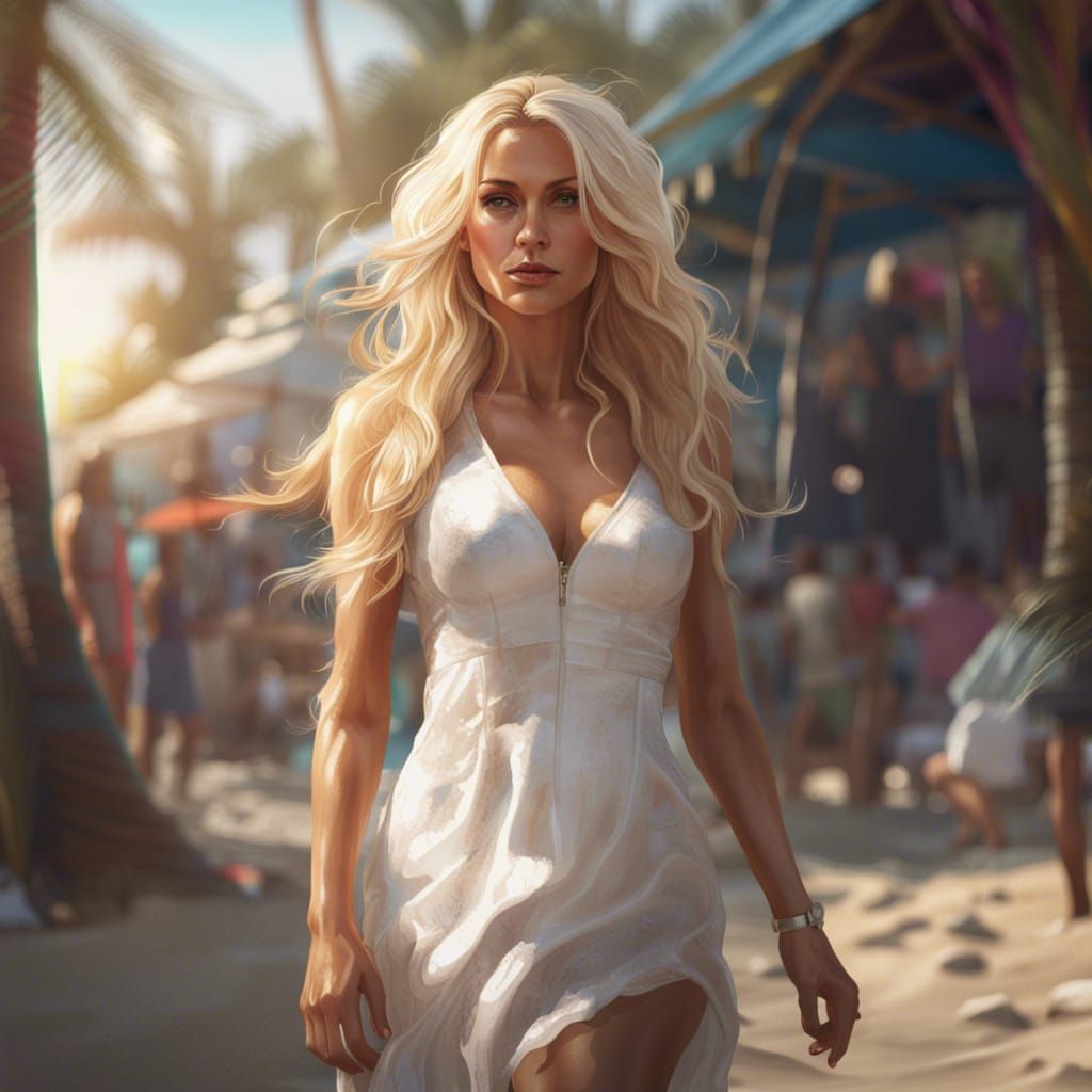 Blonde Woman in White Dress: Alphonse Mucha Style