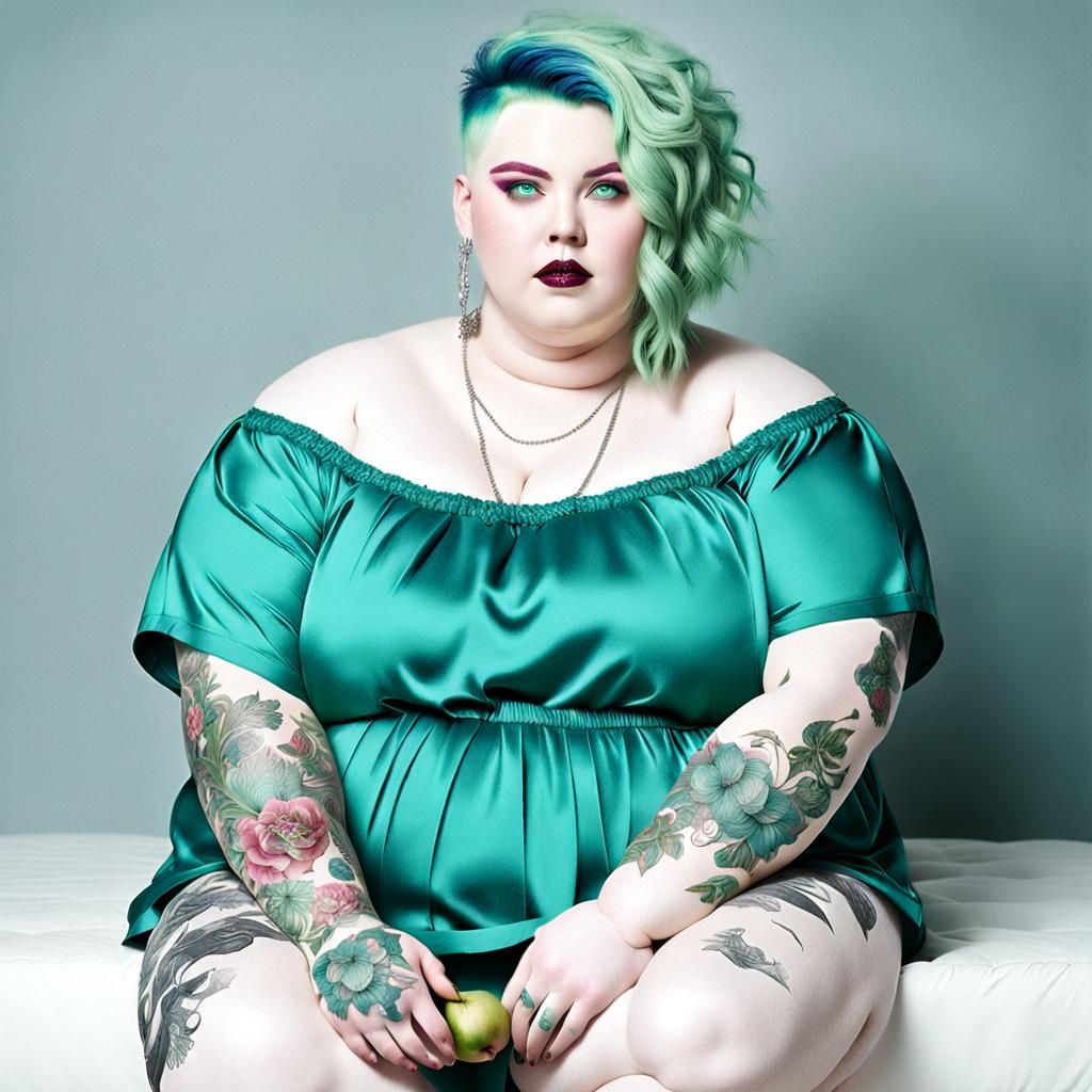 Supersized Woman with Green Hair and Tattooed Arm