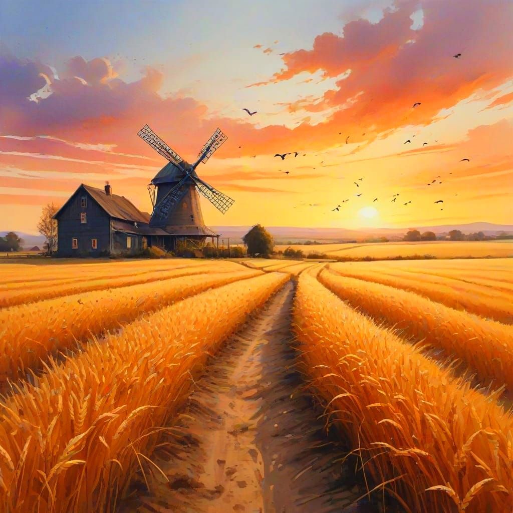 Golden Wheat Fields at Sunset Watercolor Landscape