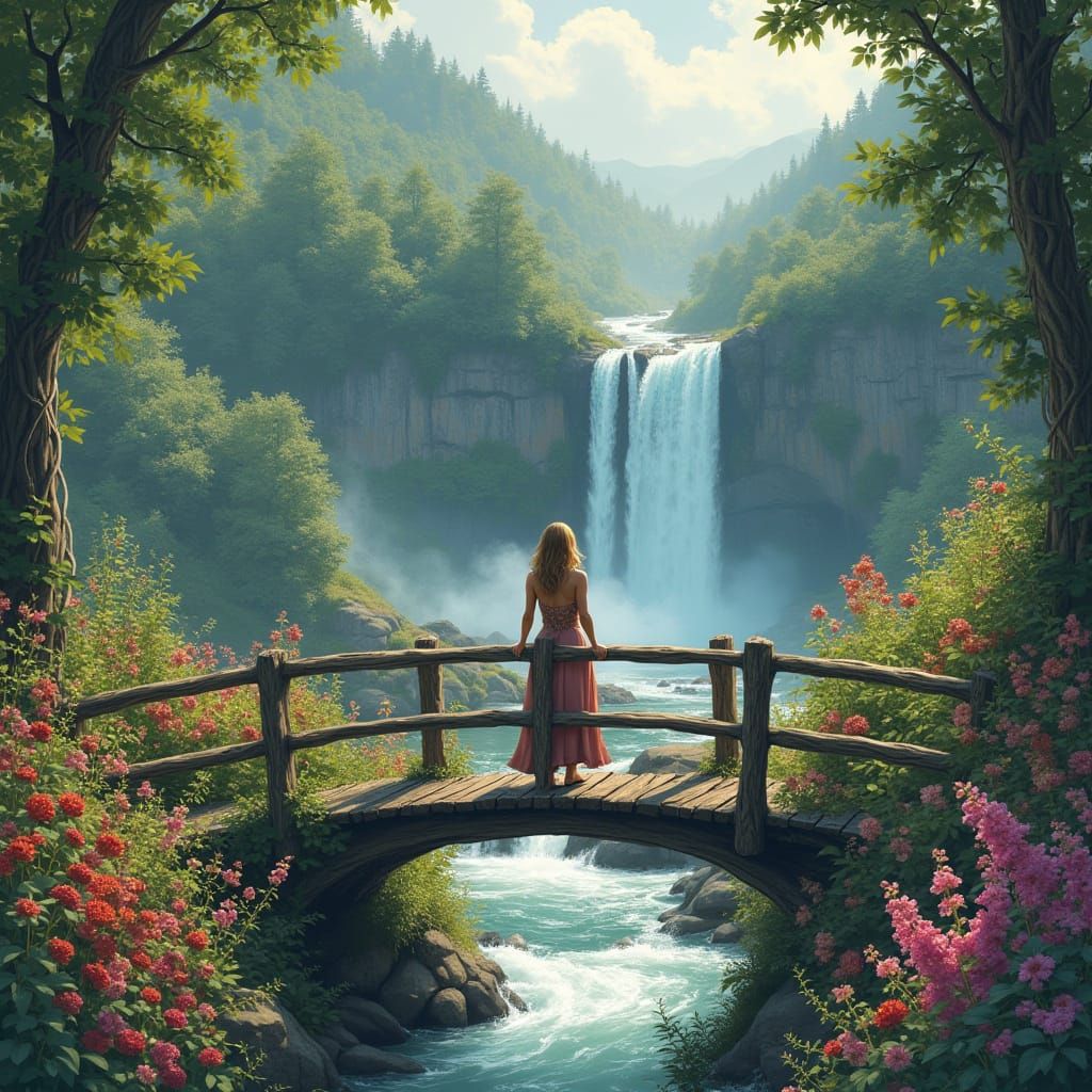 Woman on Bridge Overlooking Waterfalls & Flowers