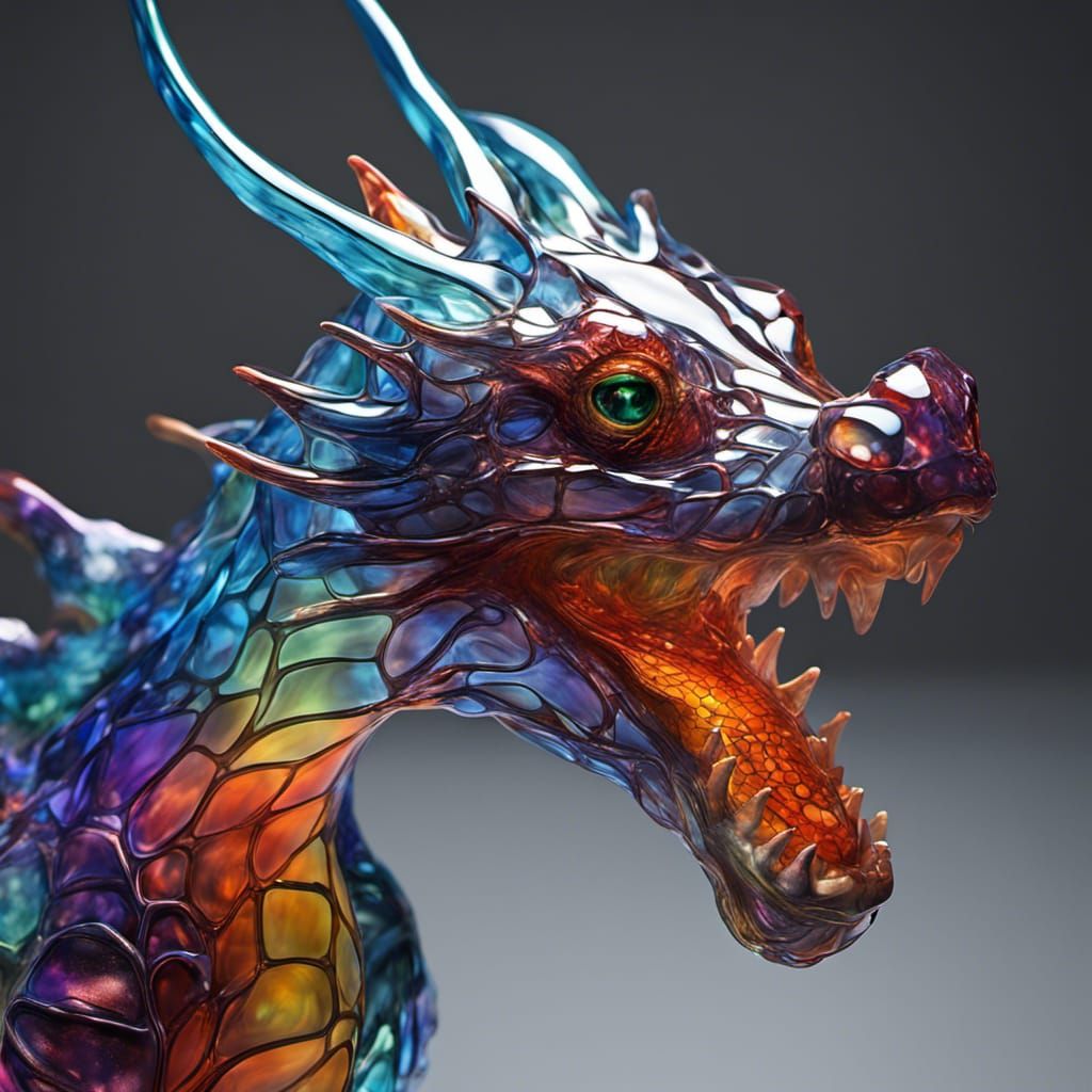 Hyperrealistic Blown Glass Dragon in Holographic Style