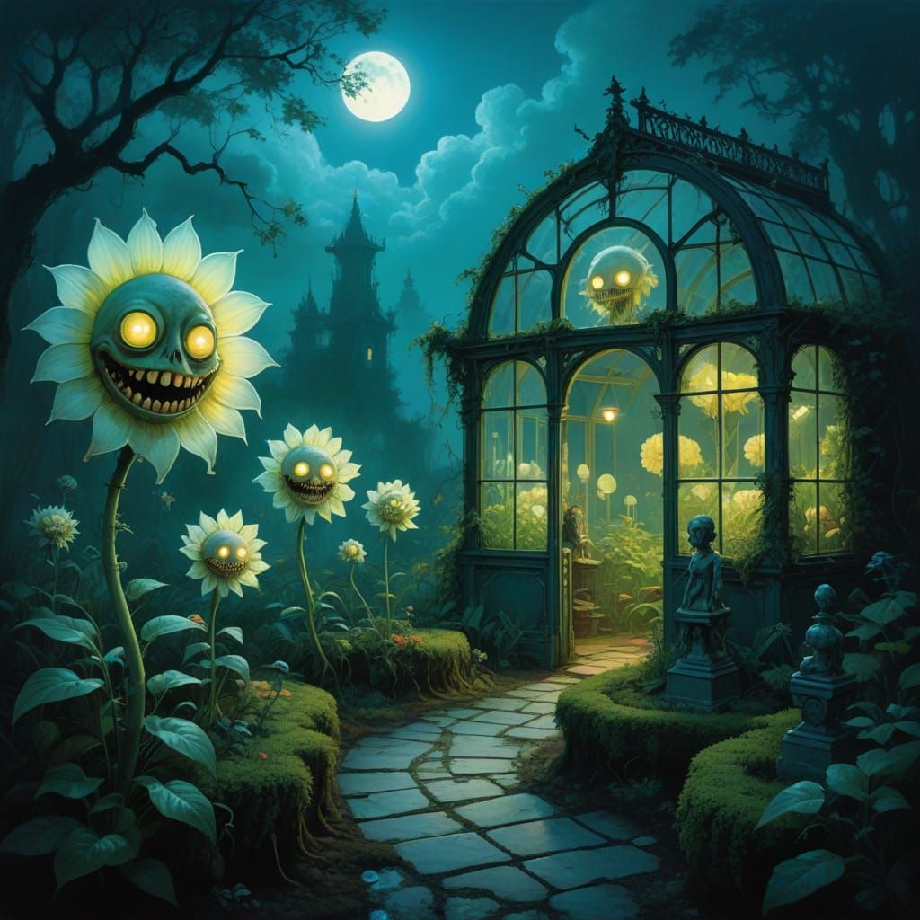 Surreal Eerie Garden with Smiling Flowers