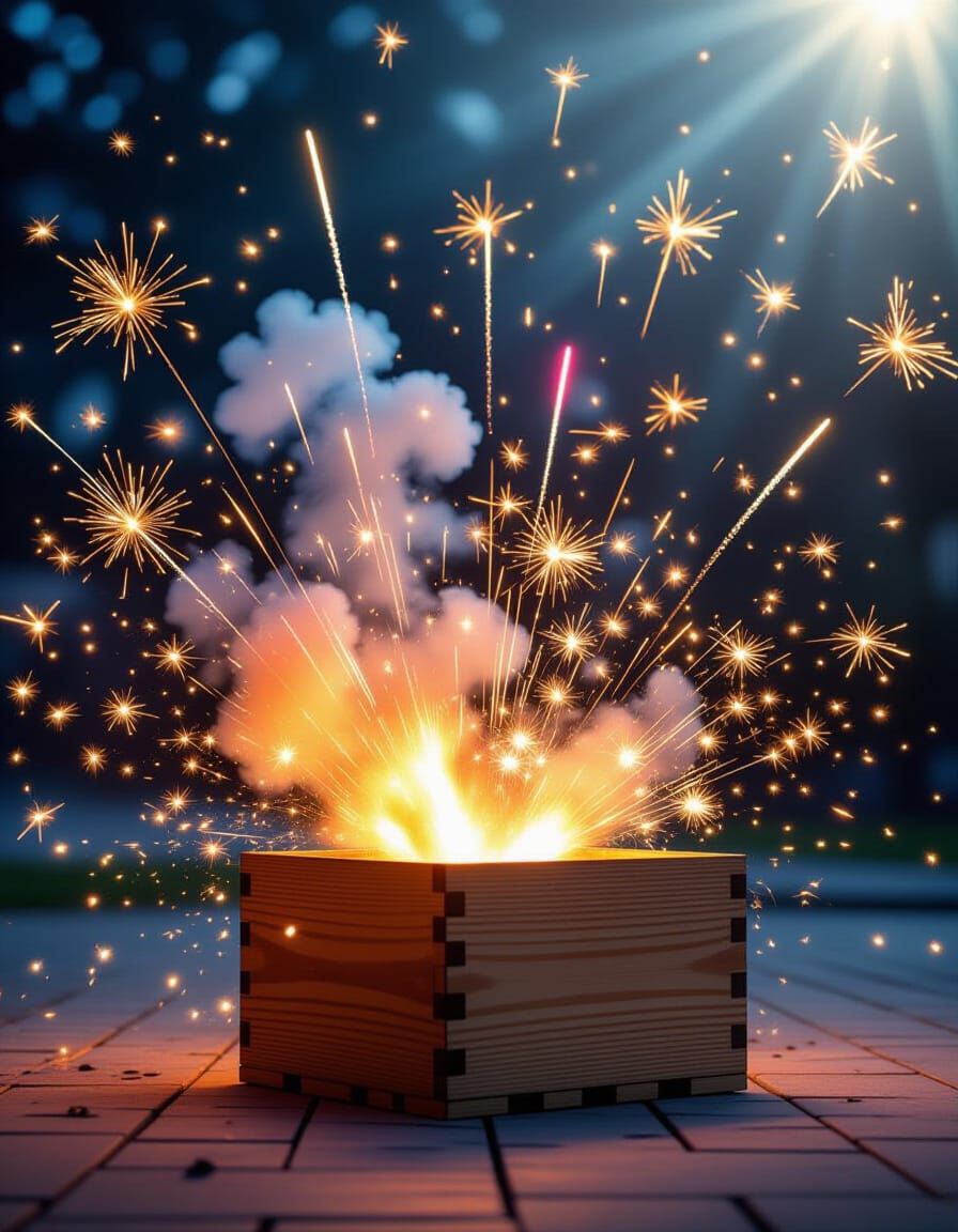 Exploding Wooden Box Unleashes Vibrant Fireworks Spectacle