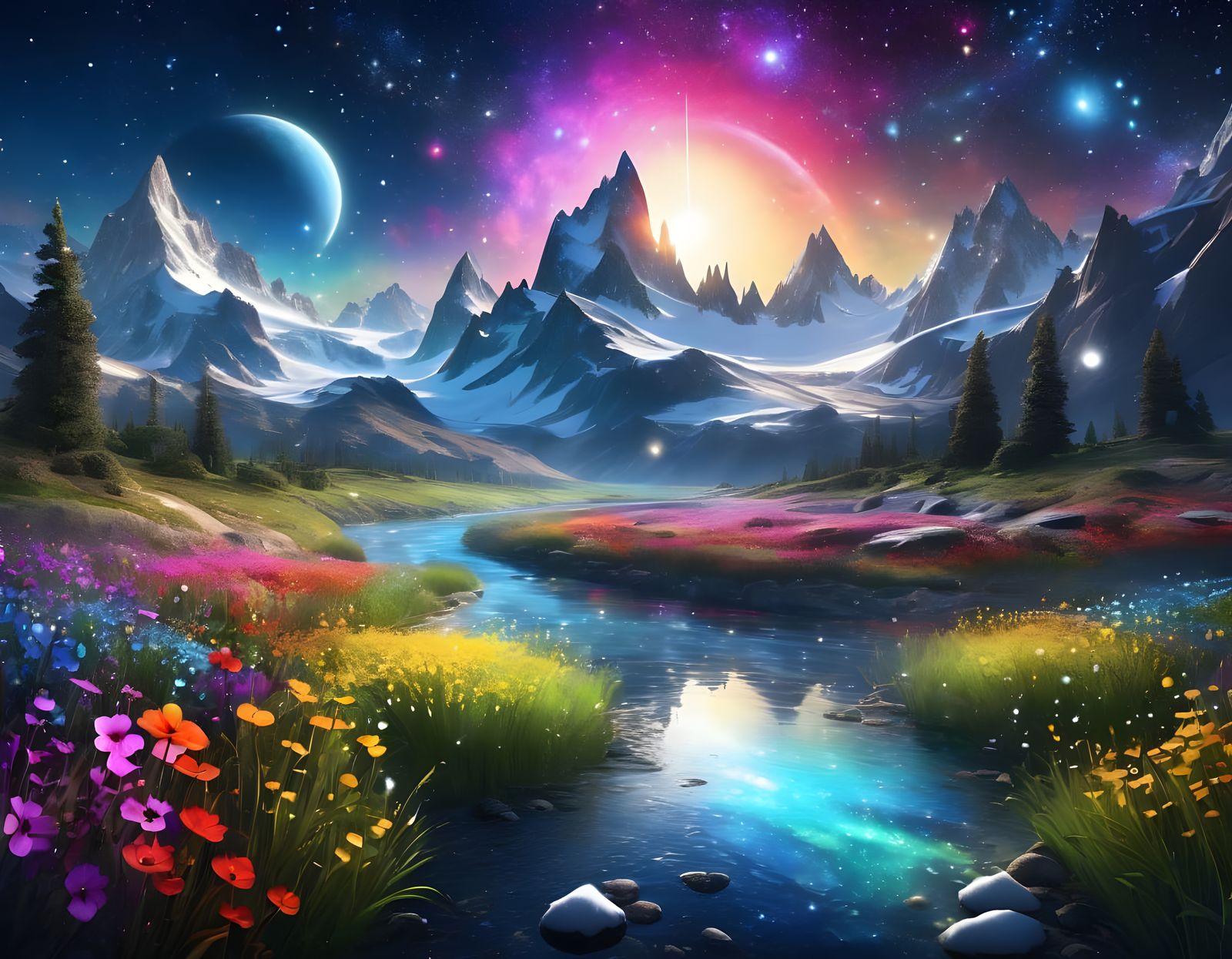 Surreal Cosmic Landscape in Vibrant Watercolor Style