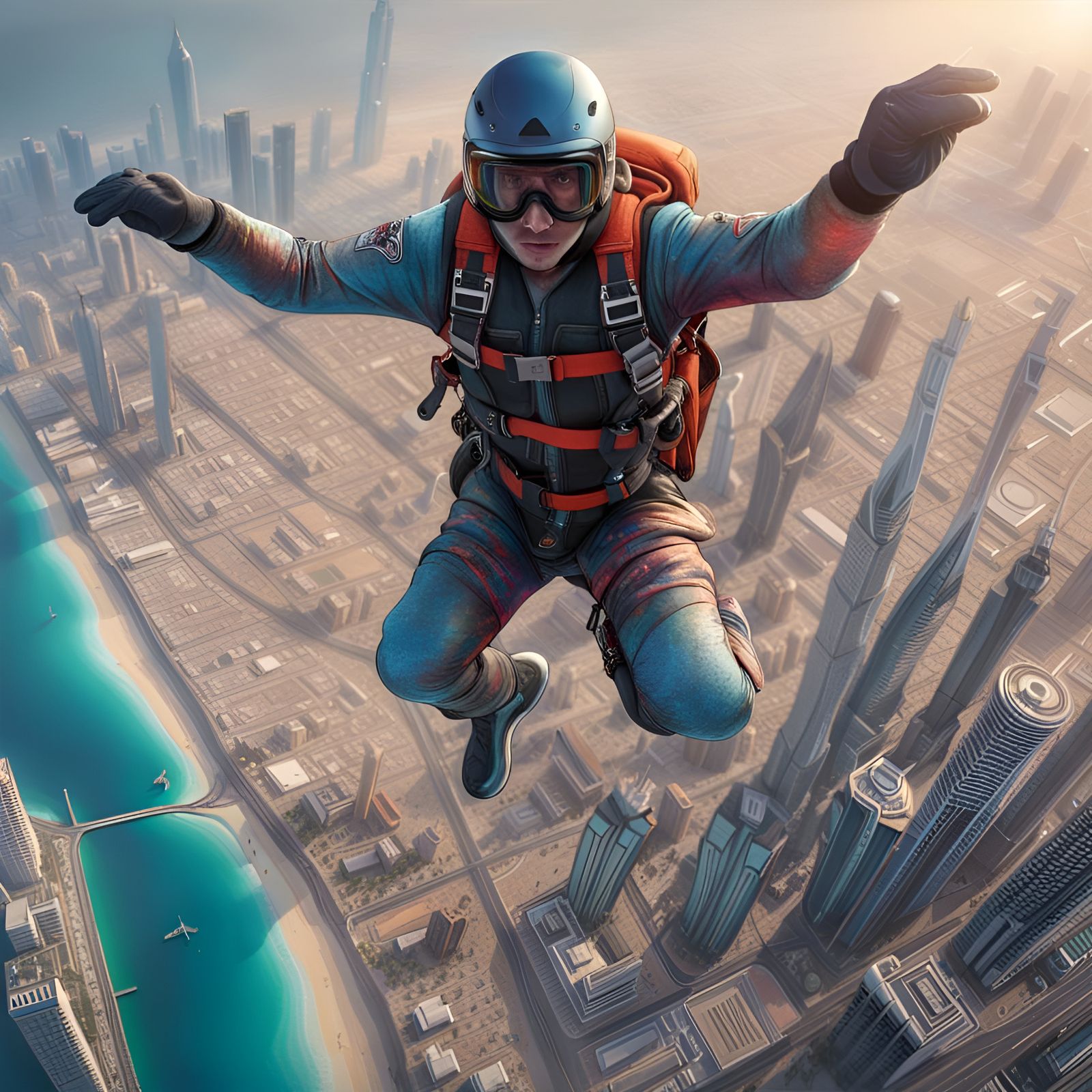 Skydiver Soaring Over Dubai: Digital Rococo Artwork