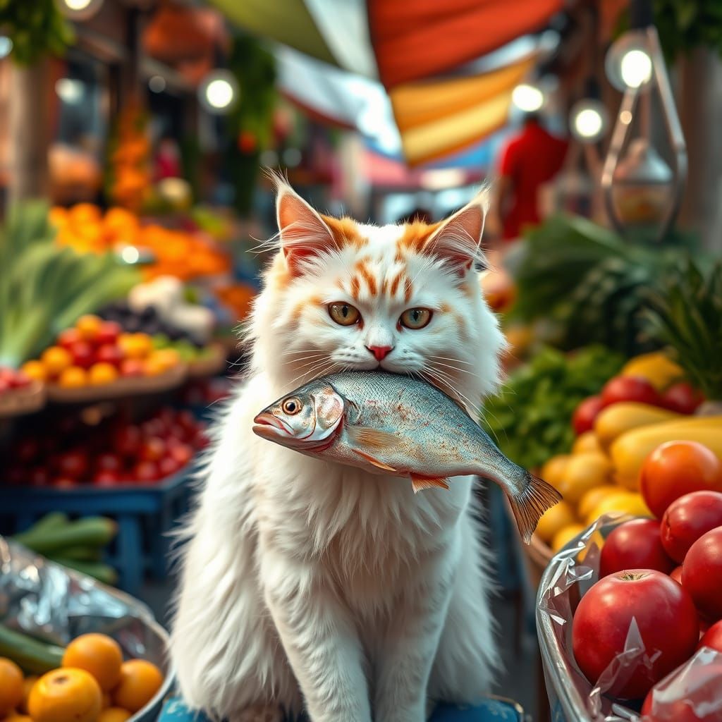 Persian Cat with Fish in Street Market, CGI Art