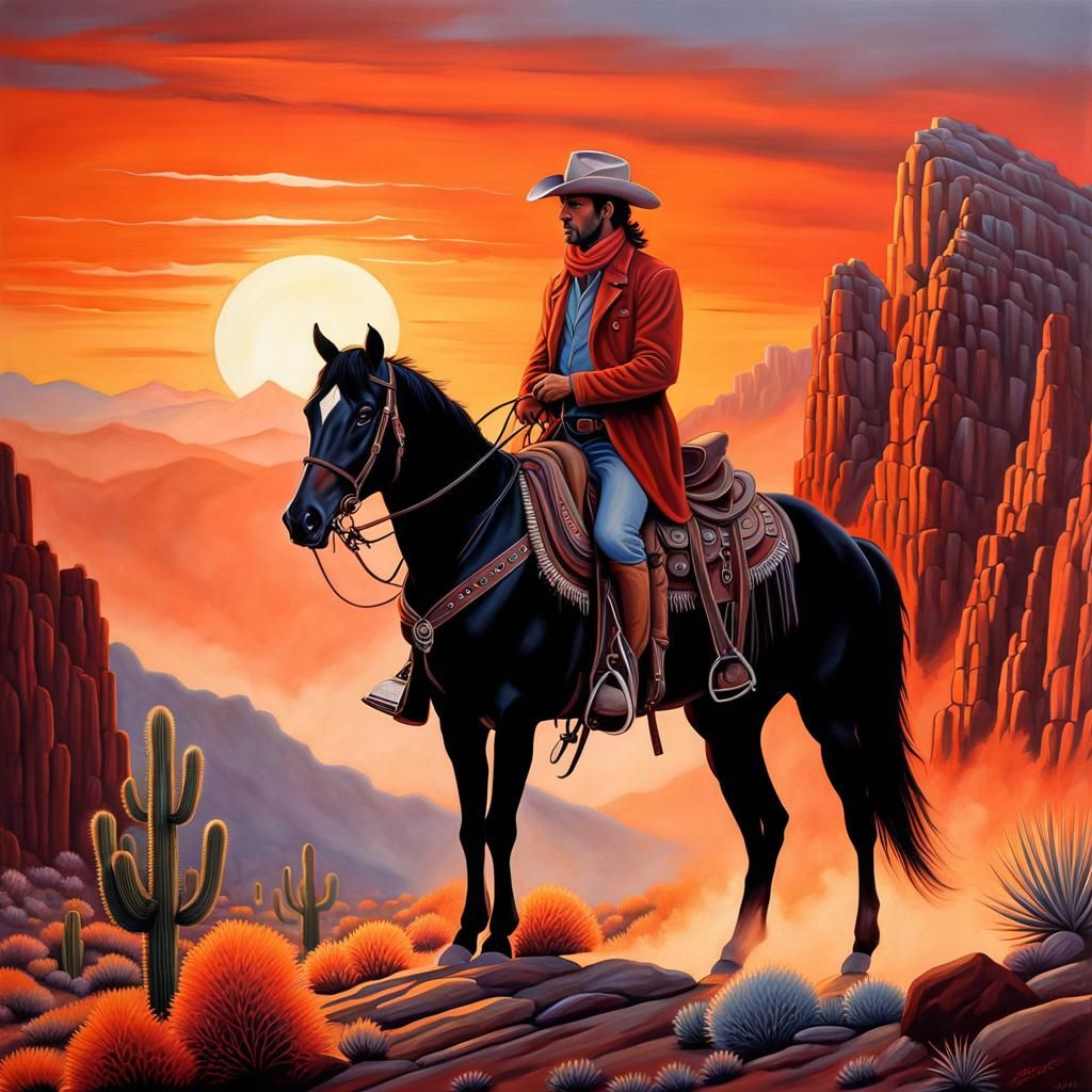 Cowboy Rides into Sunset: A Pastel Painting