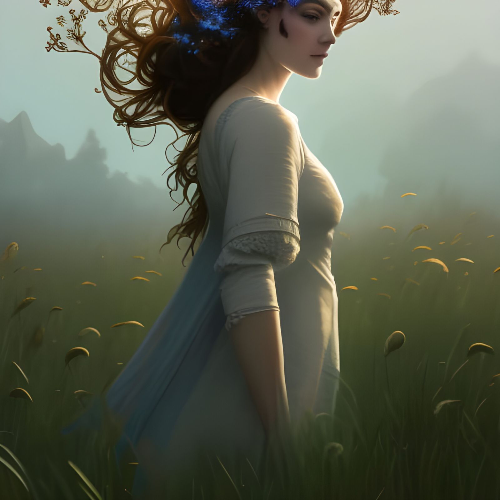 Filigree Woman in Meadow: Hyperdetailed Art Nouveau Portrait