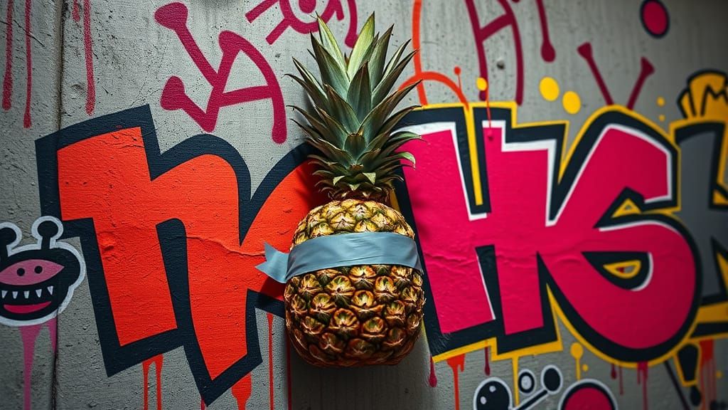 Pineapple Taped to Keith Haring Graffiti Wall