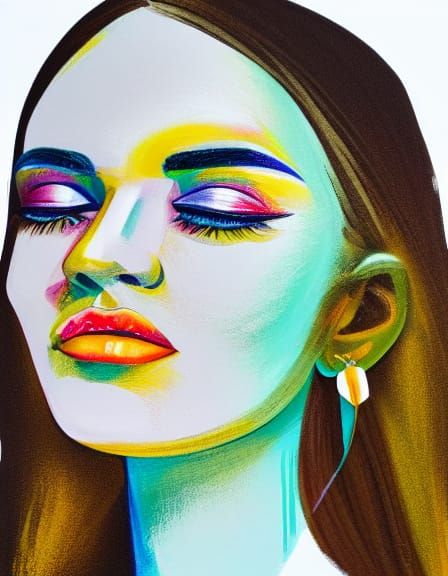 Vibrant Woman Portrait with White Makeup in Screen Print Sty...