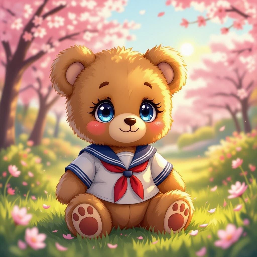 Anime Teddy Bear in Cherry Blossom Garden