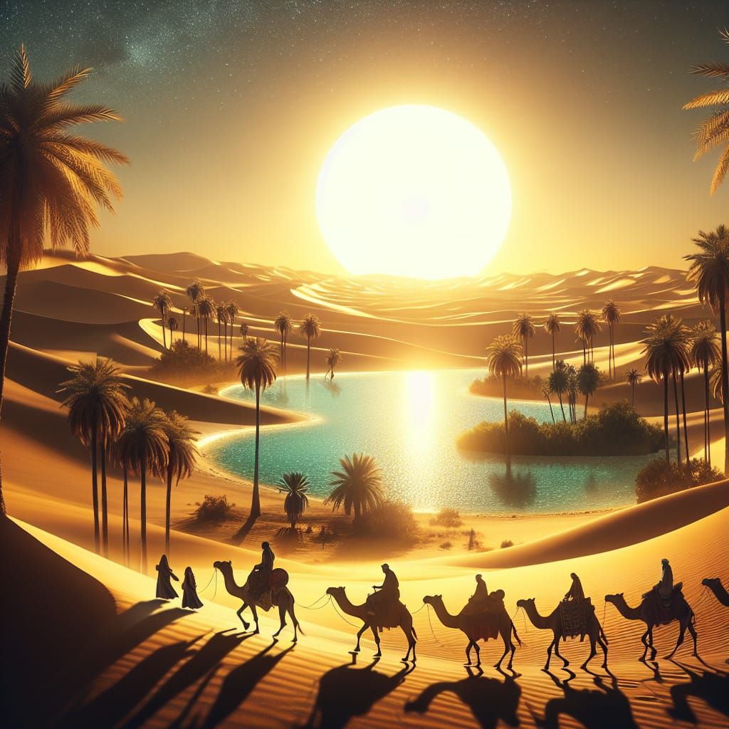 Desert Oasis with Merchants and Camels