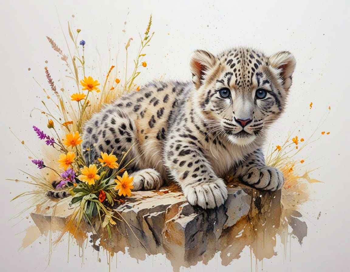 Playful Snow Leopard Cub on Snowy Ledge with Wildflowers