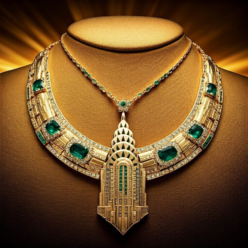 Suite of Art Deco 1930s Chrysler Building gold and emerald jewellery: necklace, bracelet and earrings