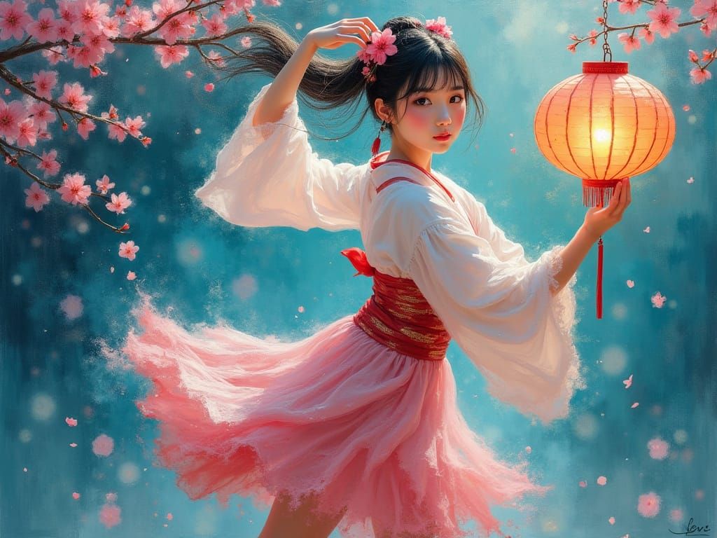 Japanese Woman Dancing in Sakura Adorned Ponytail, Impressio...