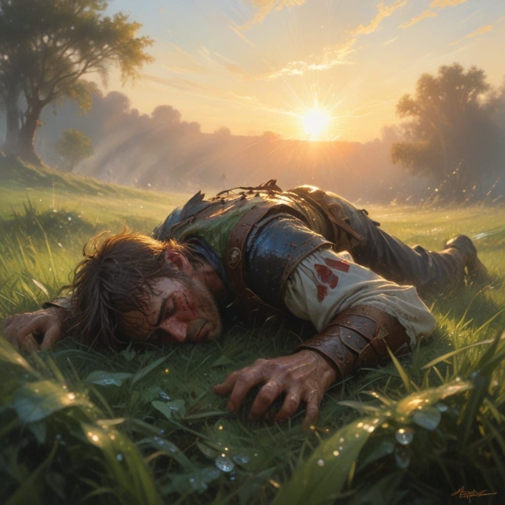 Wounded Warrior's Dawn: A Fantasy Oil Painting