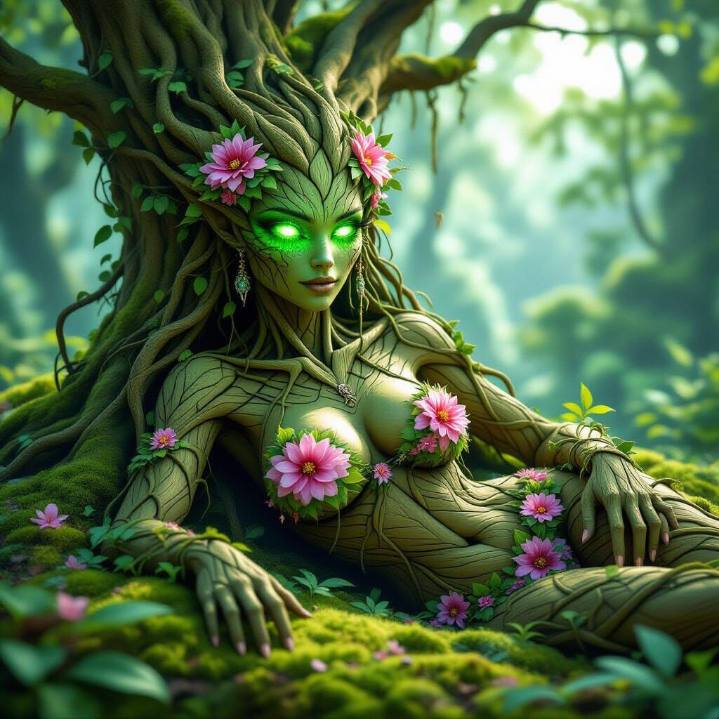 Tree Golem Woman in Dreamy Forest, Digital Art