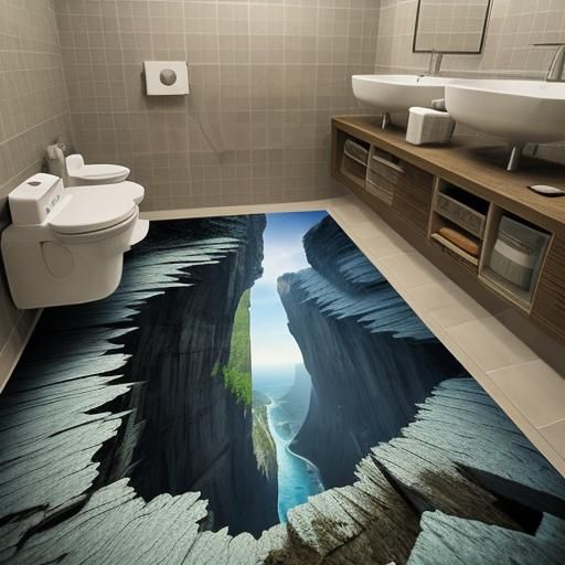 Realistic Cliff Edge Floor Sticker in Public Restroom