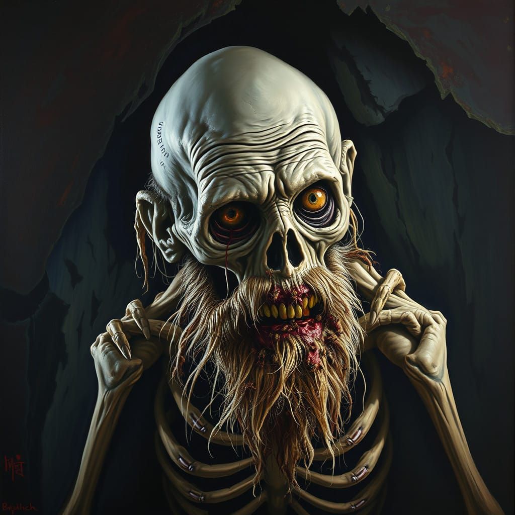 A decayed, elderly zombie with rotting flesh, a scraggly, moldy beard, and hollow, dead, lifeless eyes. The dim, oppress...