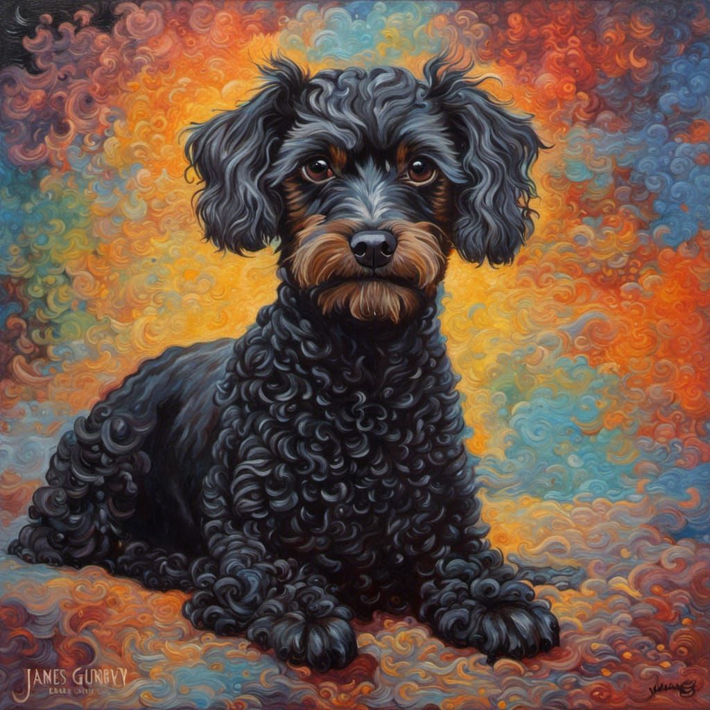 Black Min Pin Poodle Mix in Oil Painting Style