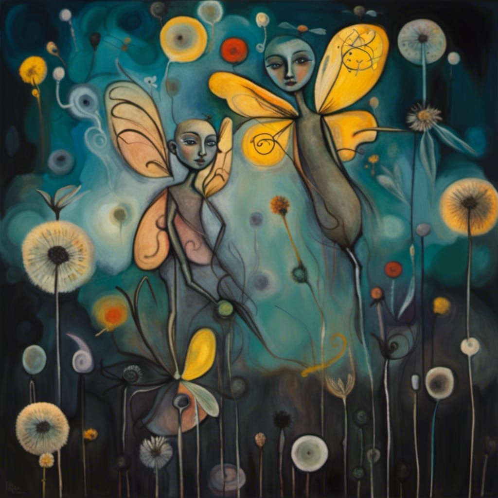 Fairies in Dandelion Dreamscape, Surrealist Art Style