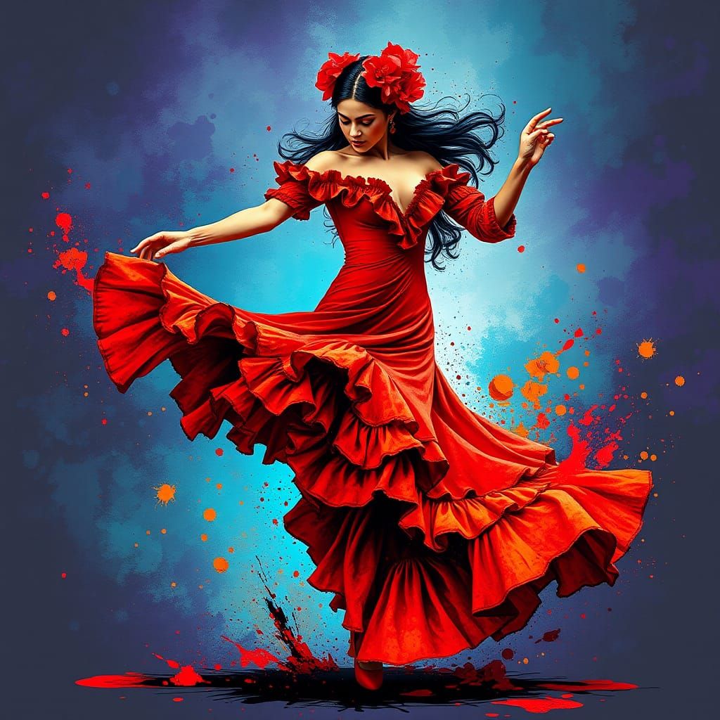 Flamenco Dancer in Motion with Vivid Ink Splatters