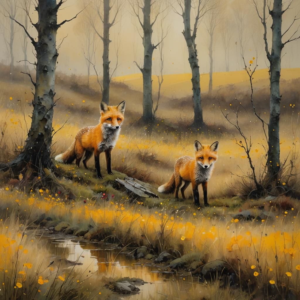 Fox Cub in Dreamy Autumnal Impressionistic Landscape