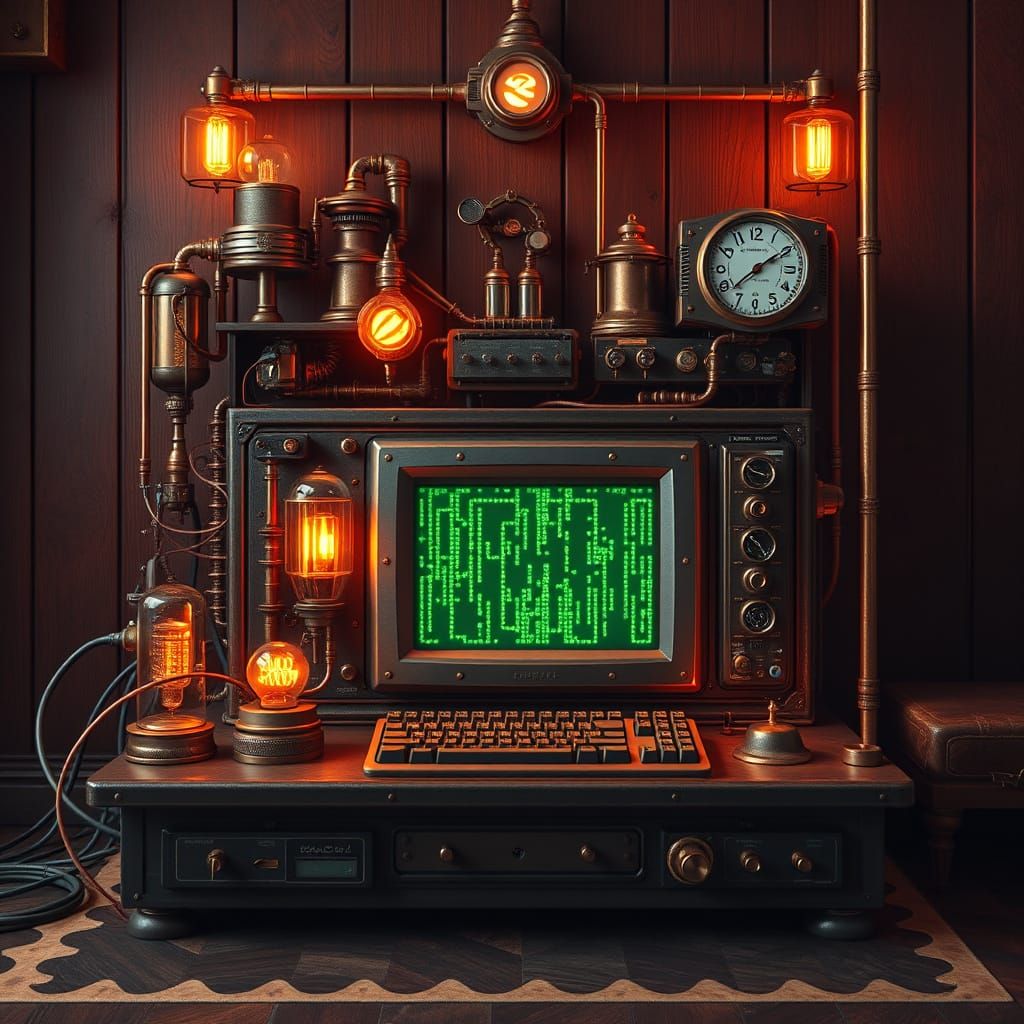 Ethereal Steampunk Computer in Warm Orange Glow