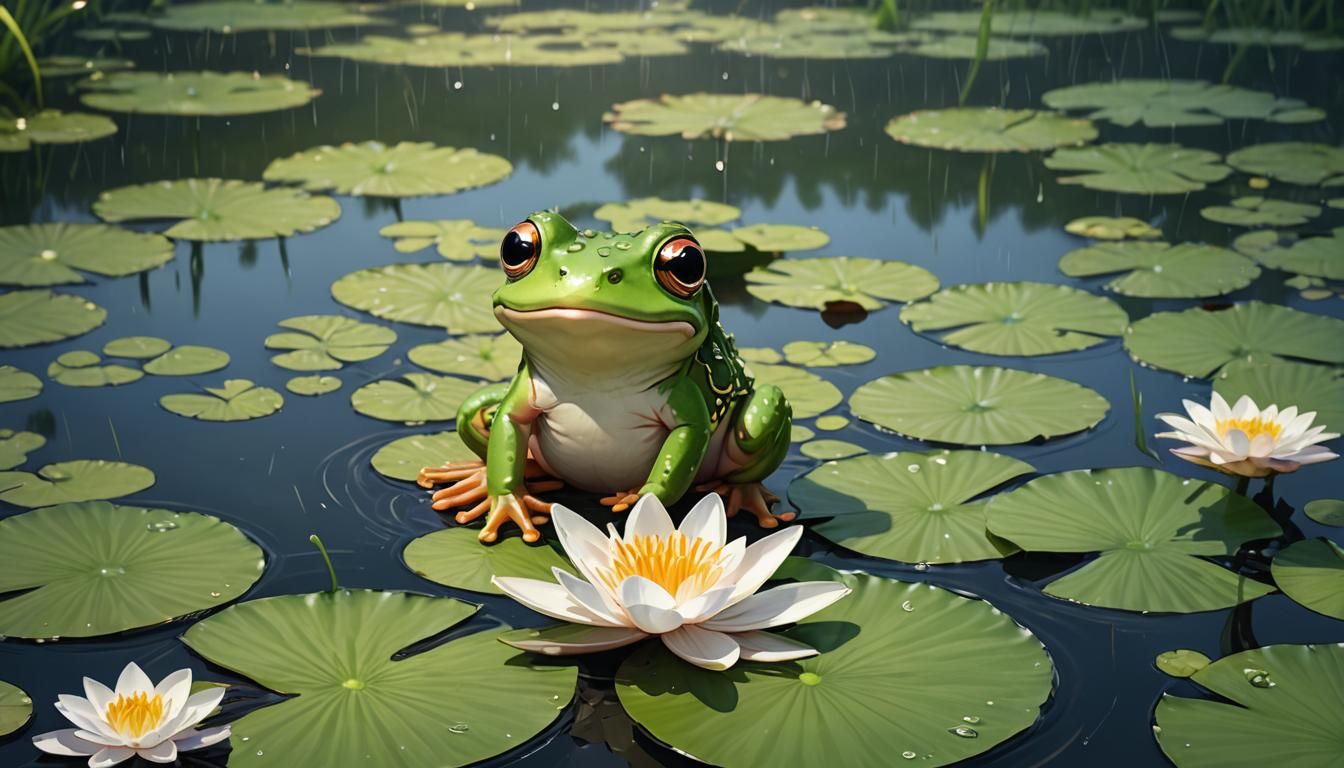 Adorable Frog on Lily Pad in Anime Style