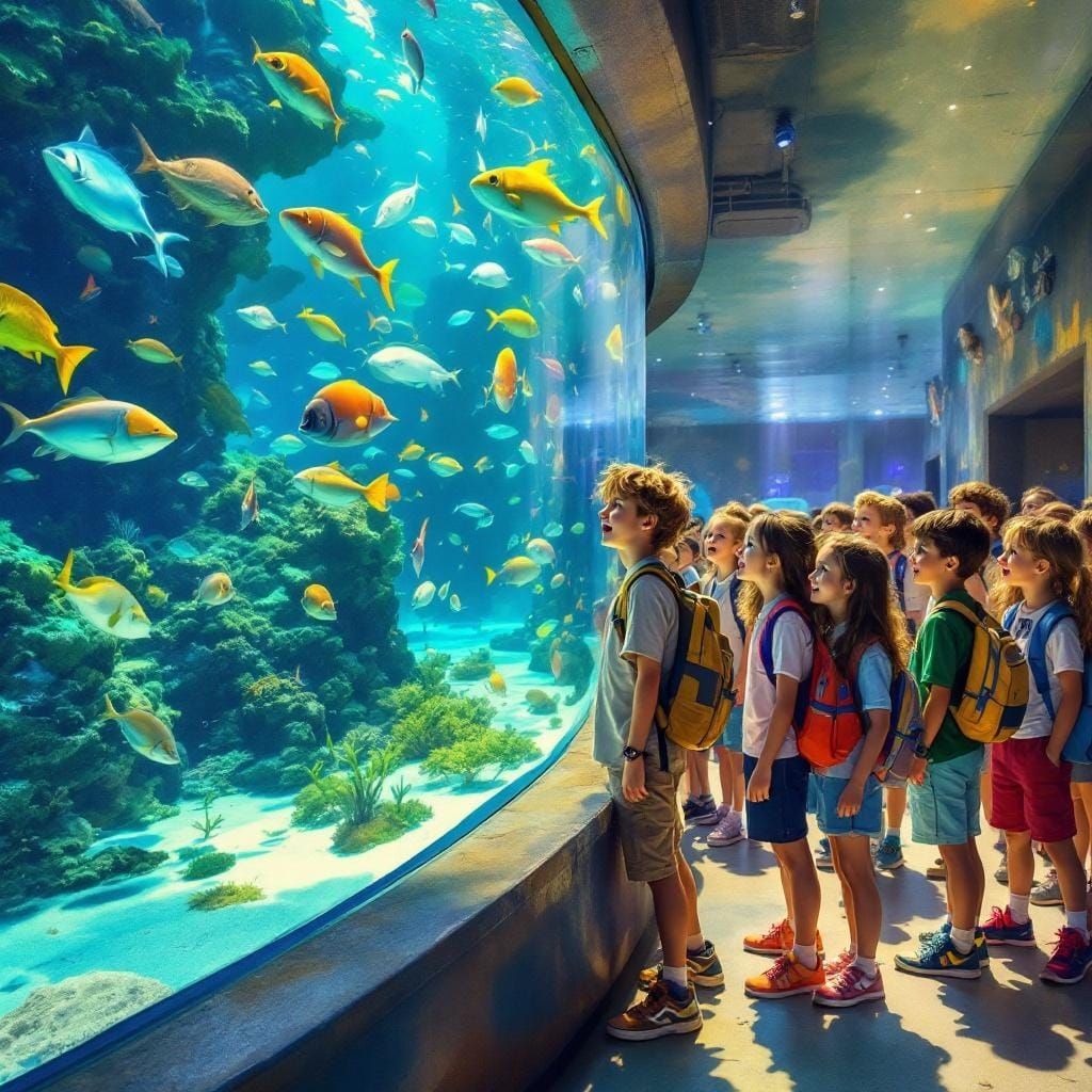 Schoolchildren Explore Colorful Marine Life Aquarium