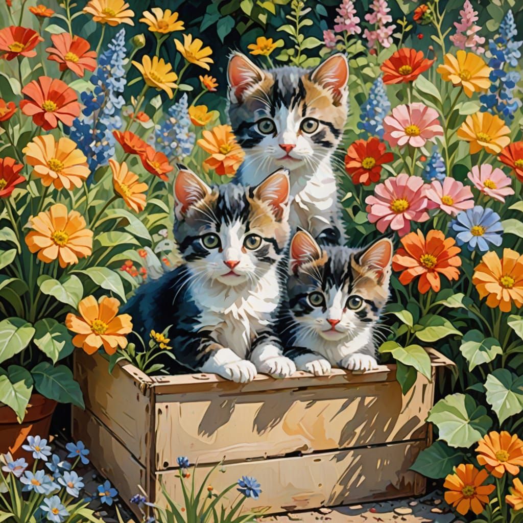 Whimsical Gouache Masterpiece of Kittens in a Flower Garden