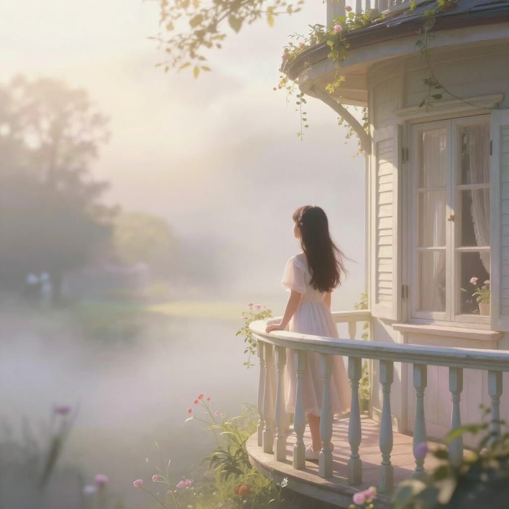 Ethereal Girl on Balcony in Dreamlike Landscape