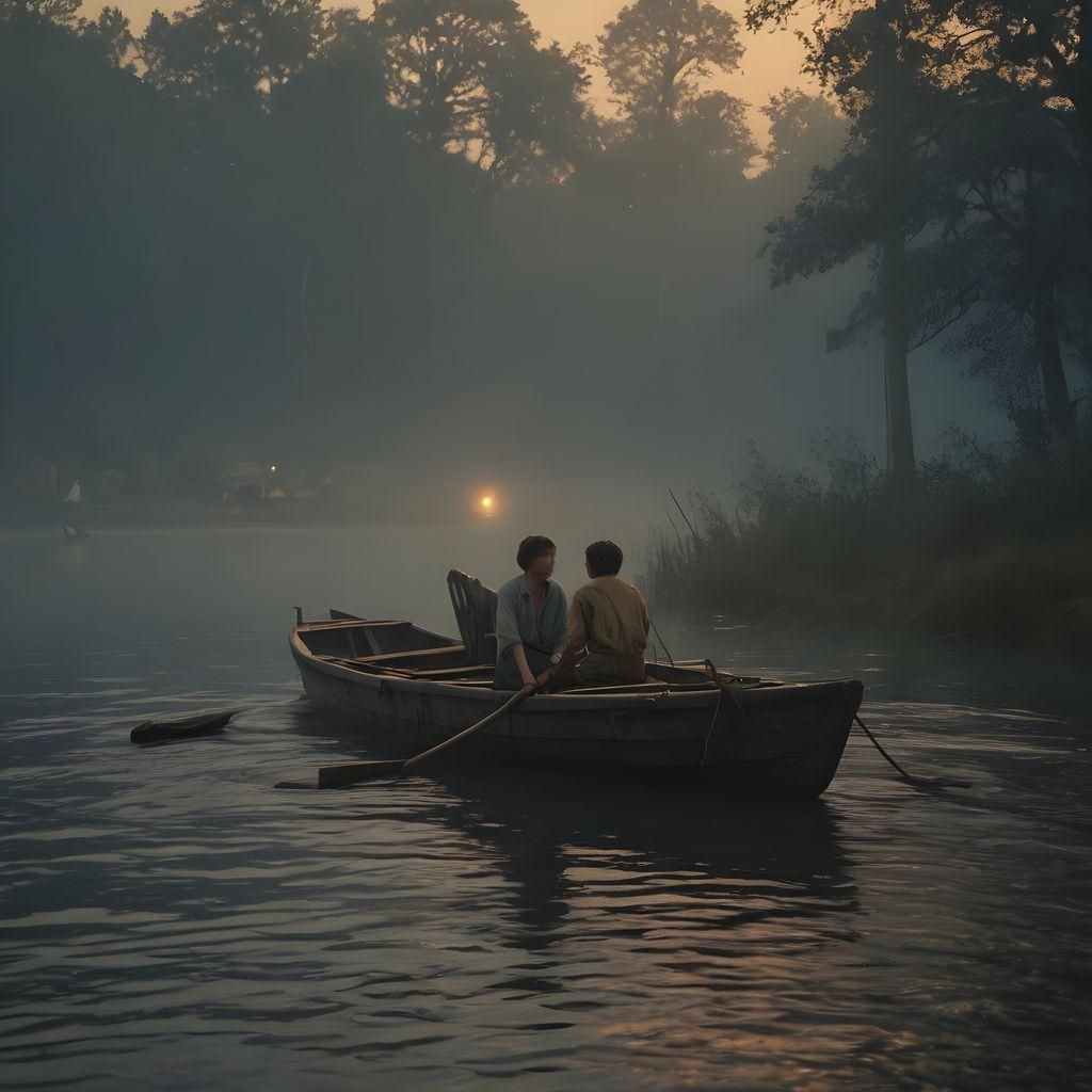 Huck Finn and Tom Sawyer on a Raft Under Starry Twilight