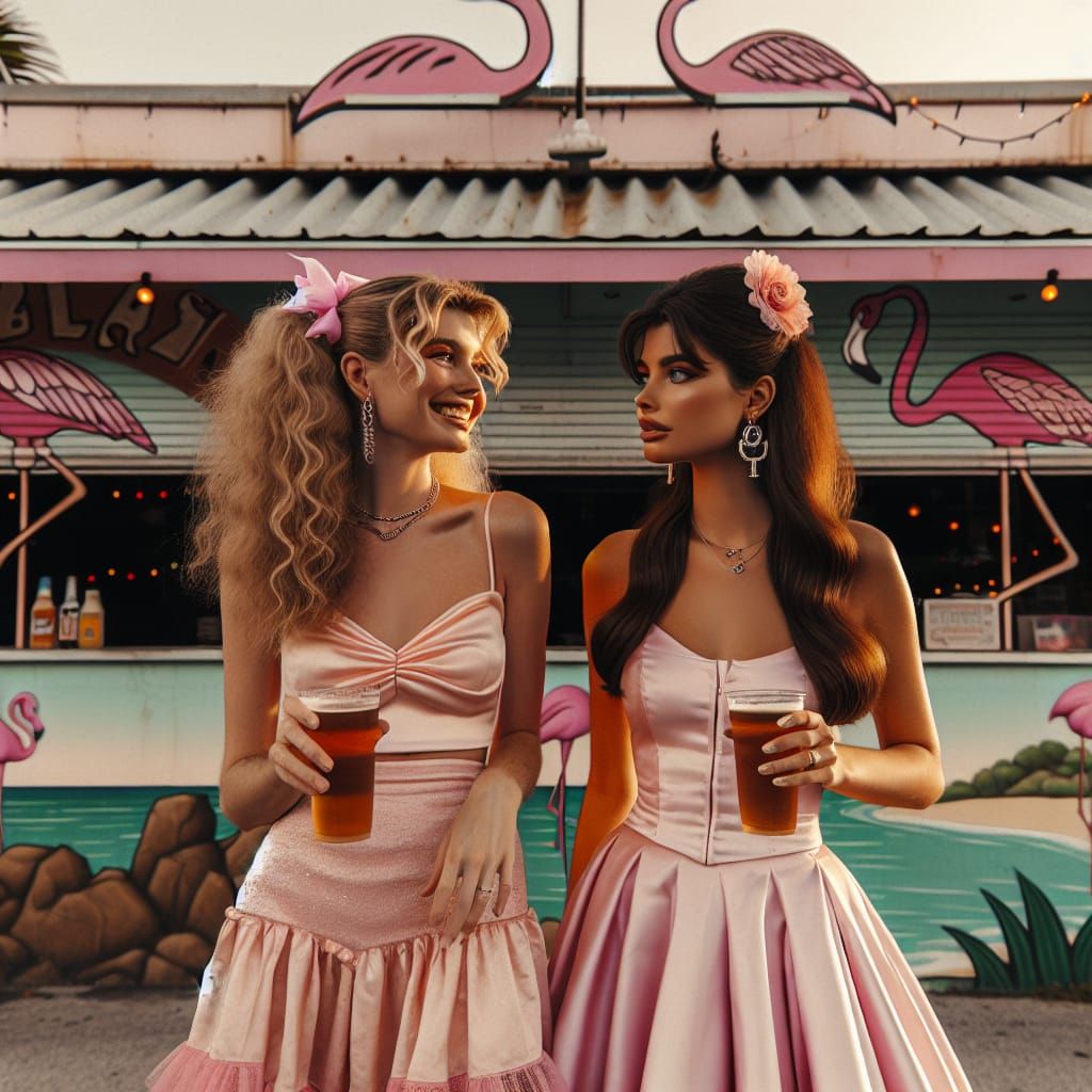Flamingo Plaza: Women in Pink Dresses Share a Laugh