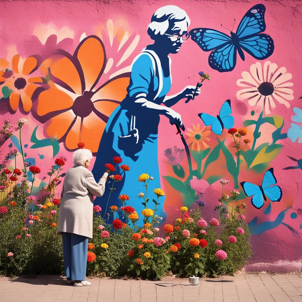 Street Art: Woman, Butterfly, and Flowers