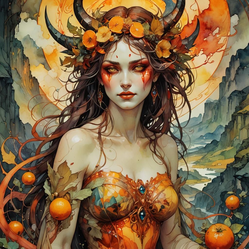 Seductive Demon in Hellish Watercolor Fusion