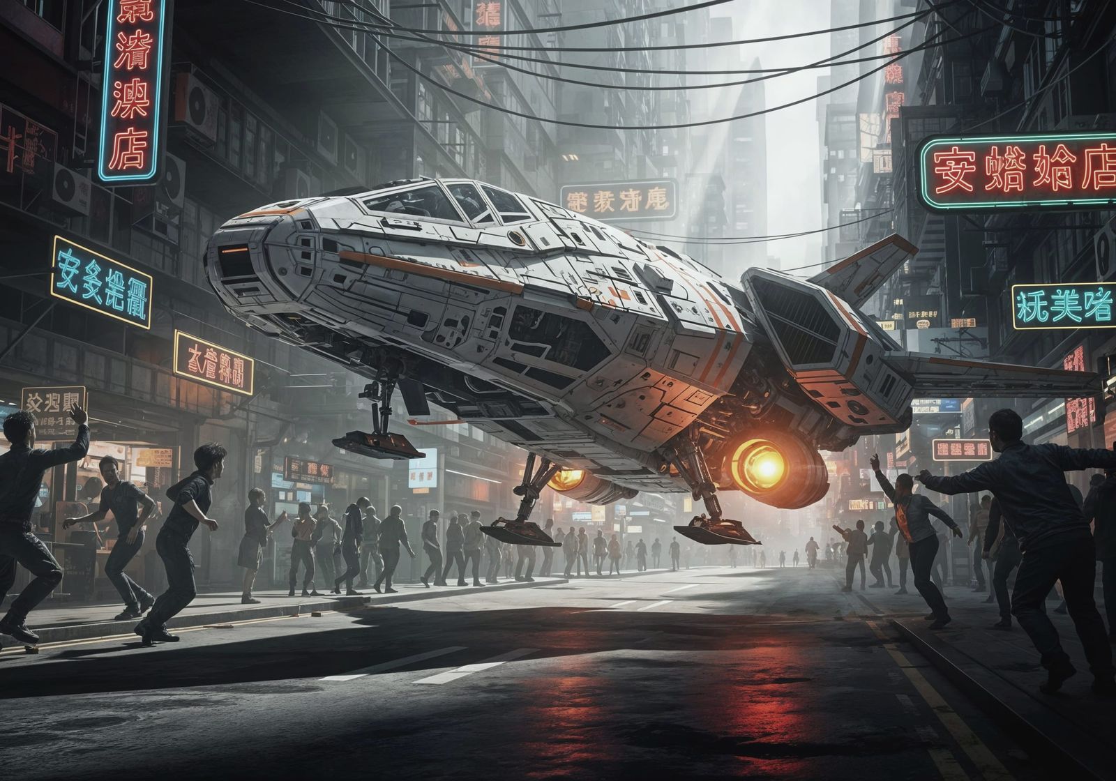 Futuristic Spaceship Landing on Crowded Street