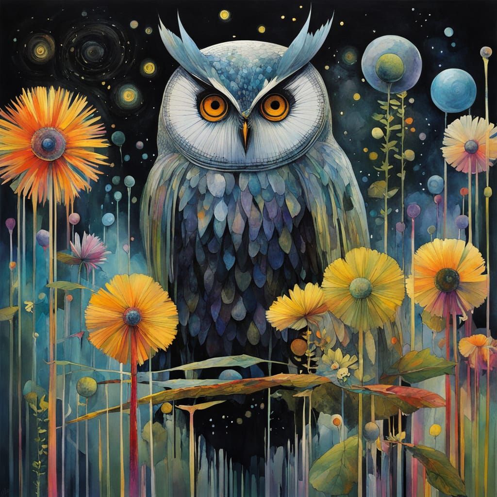 Whimsical Nighttime Scene with Birds, Caterpillars, and Flow...