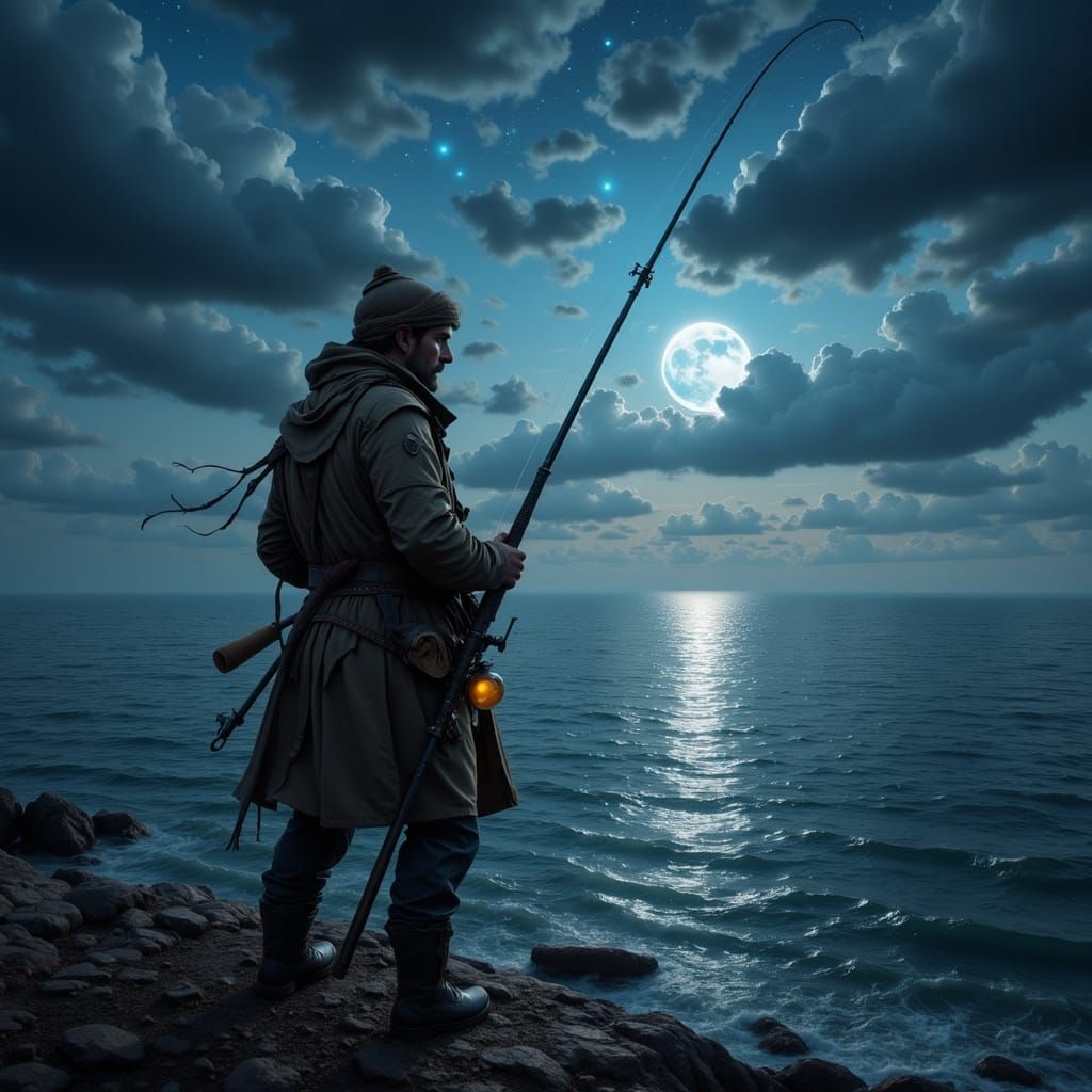 Fisherman on Mysterious Ocean Under Twilight Stars
