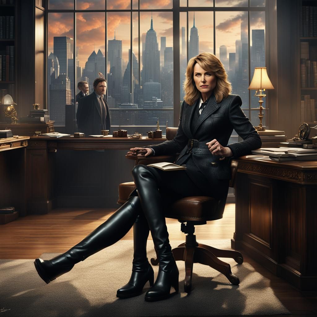 Leather-clad Secretary Overlooking New York in Detailed Pain...
